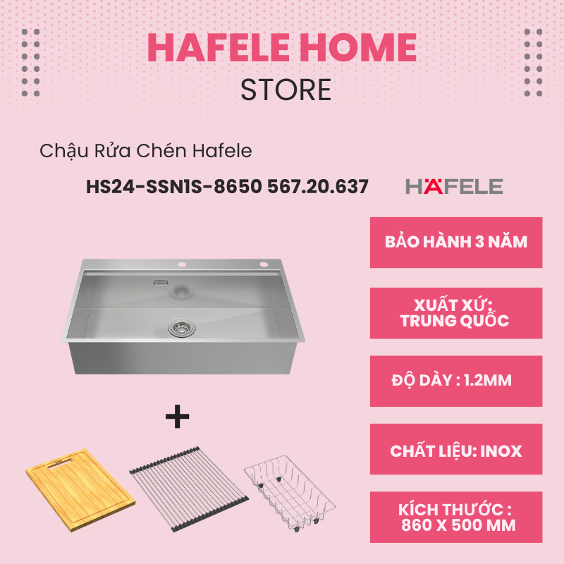 Chậu Rửa Bát Hafele WS R0 HS24-SSN1S-8650 567.20.637 – Thiết Kế Góc Vuông R10 – Bộ Phụ Kiện Đa Năng