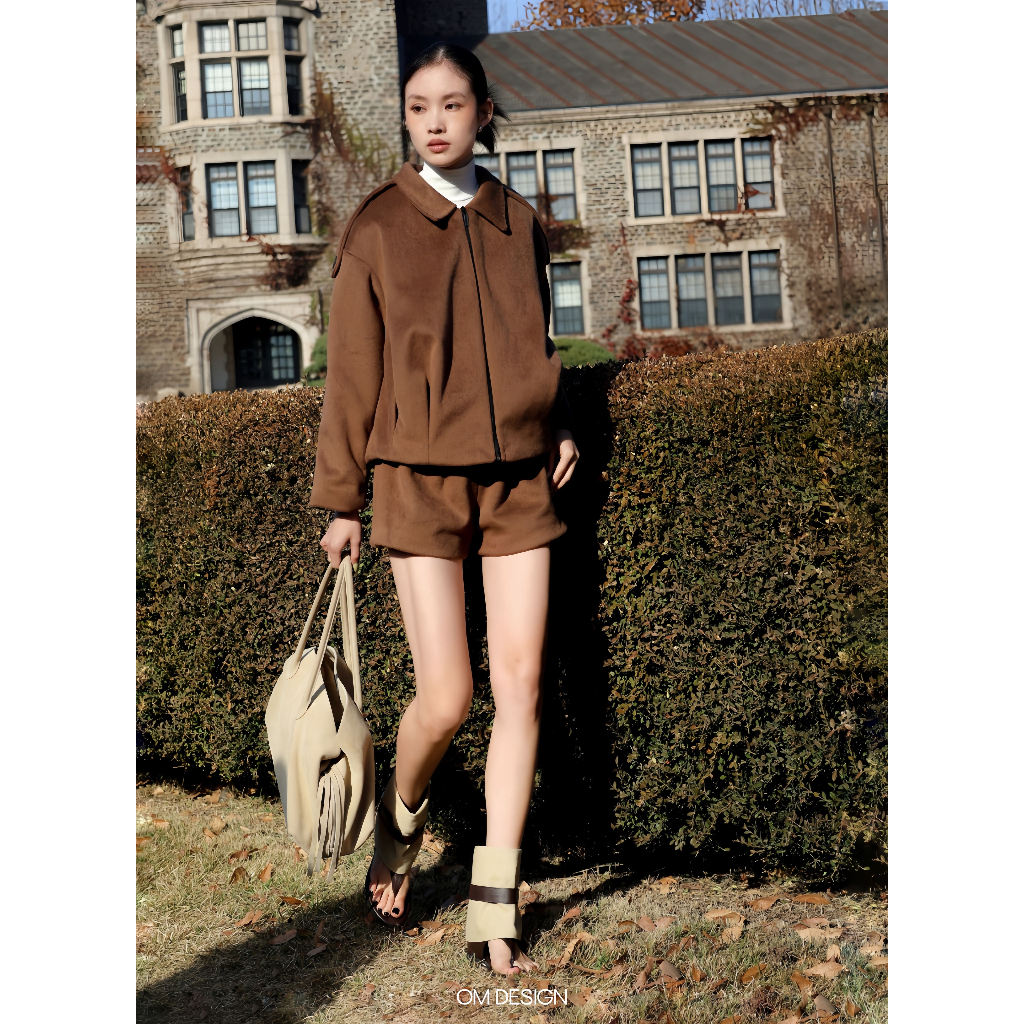 Set áo khoác dạ lông Hàn khóa kéo kèm quần sooc dáng ngắn - Mocha Set (+% phí sàn) - by OM Design