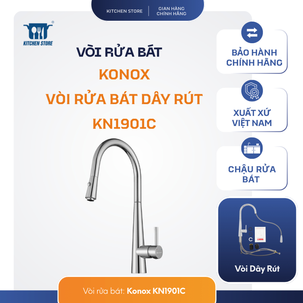Vòi Rửa Bát Dây Rút KN1901C – Nóng Lạnh, Xoay 360°, 2 Chế Độ Xả, Kitchen Store Hàng Chính Hãng