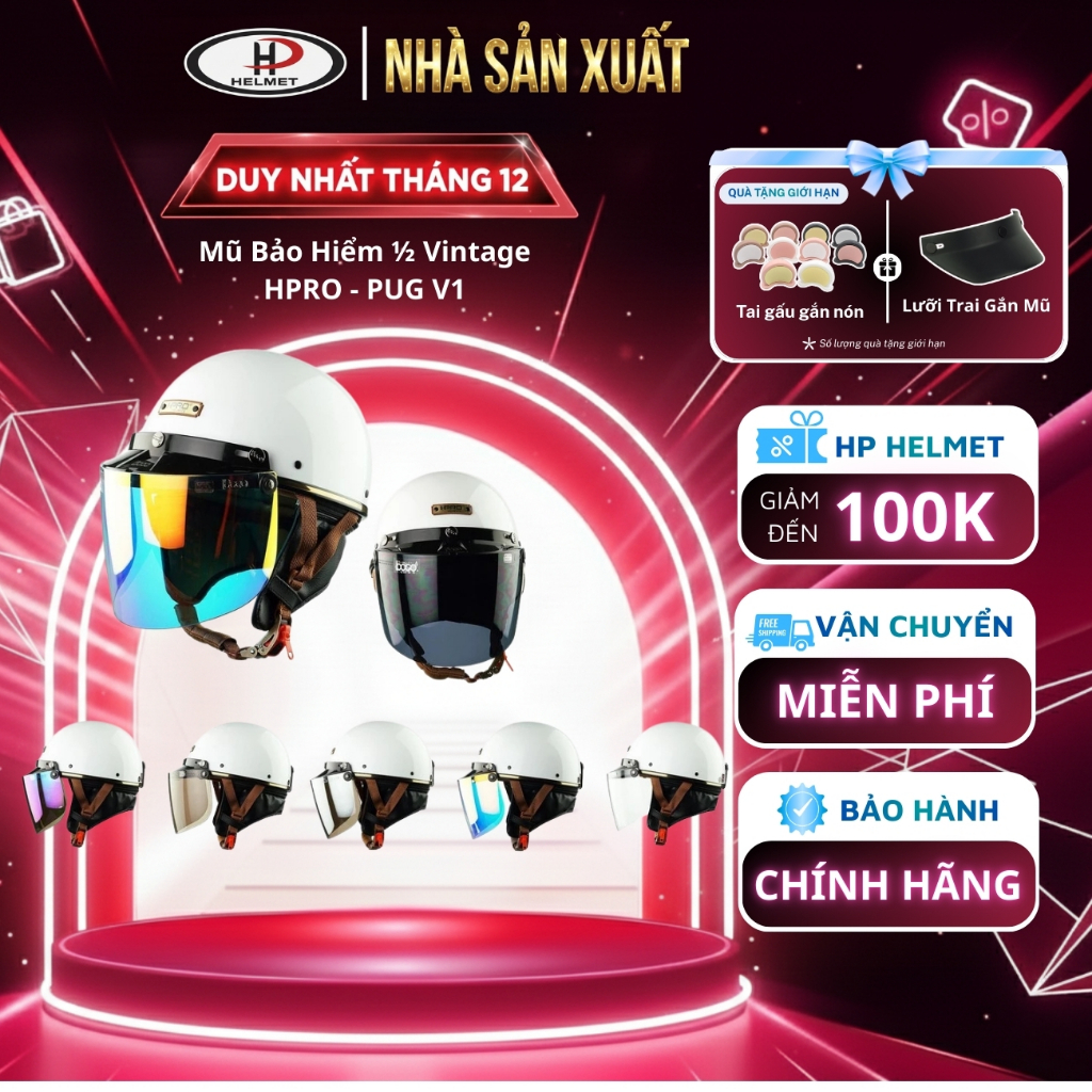 (COMBO MŨ SƠN HP HELMET VÀ KÍNH) Mũ bảo hiểm nửa đầu cao cấp HP Helmet, mã hàng HP02B.