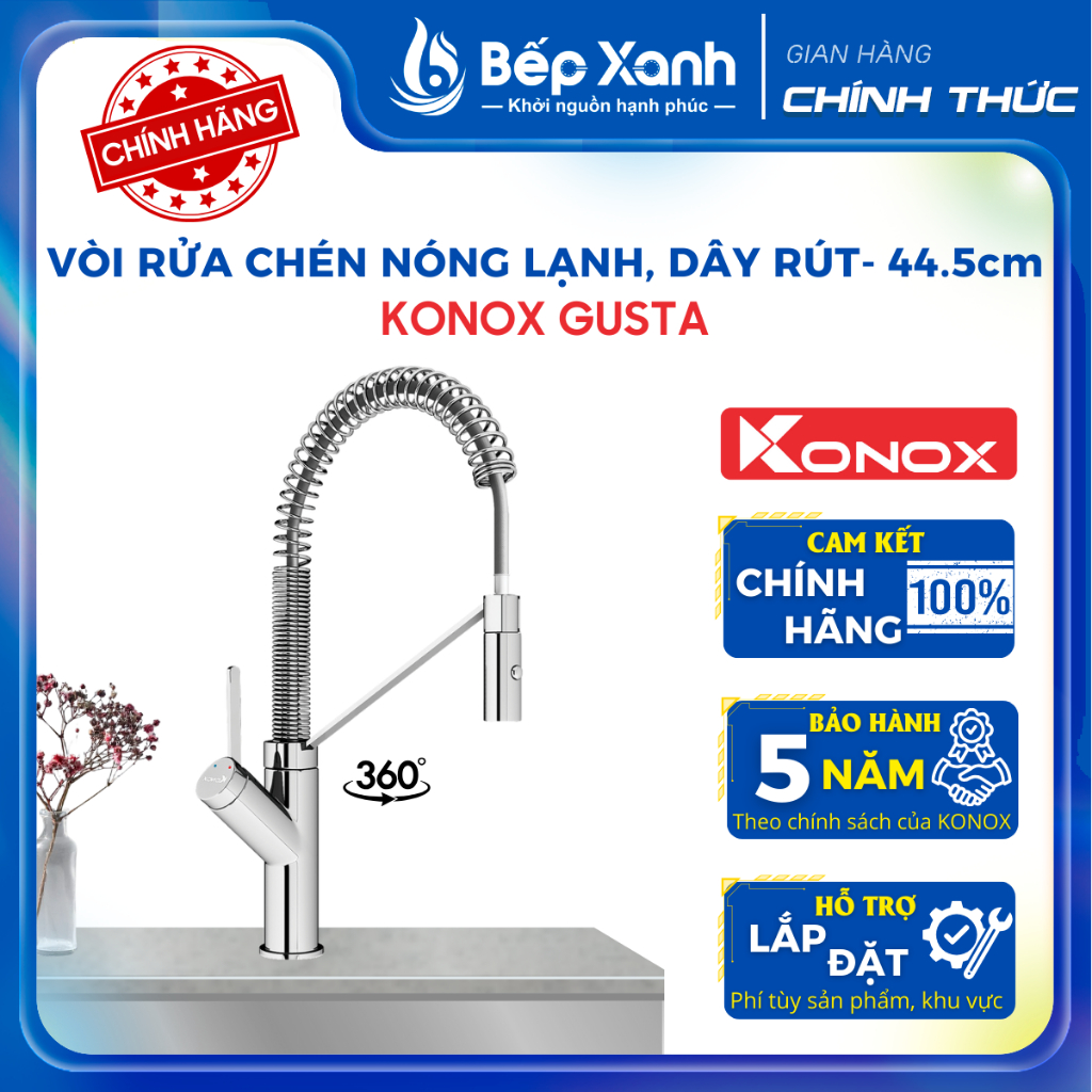 Vòi rửa chén dây rút Konox Gusta - Bảo hành chính hãng 5 Năm