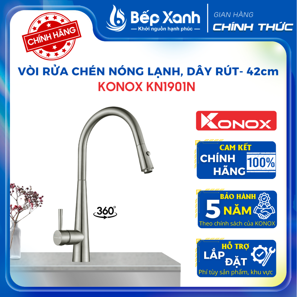 Vòi rửa chén dây rút Konox KN1901N - Bảo hành chính hãng 5 năm