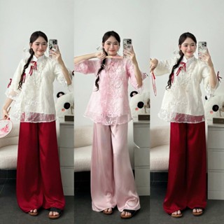  *Set bộ thời trang nữ mặc đi chơi lễ tết áo chất ren 2 lớp cổ tàu đính nơ tay lửng mix quần dài ống rộng tuyết nhung 