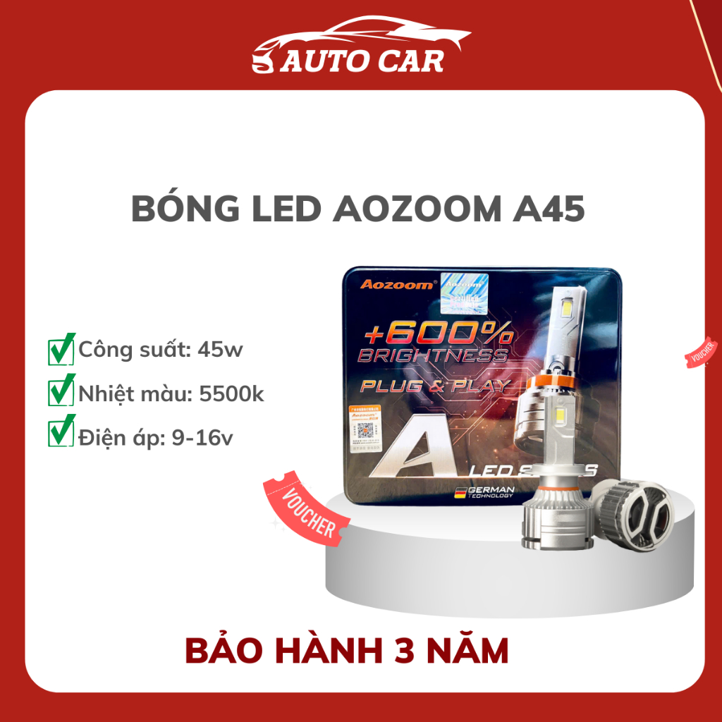 Bóng Led Aozoom A45 Công Suất 45W Nhiệt Màu 5500K Chân H4, H1, H7, H11, 9005, 9006, 9012