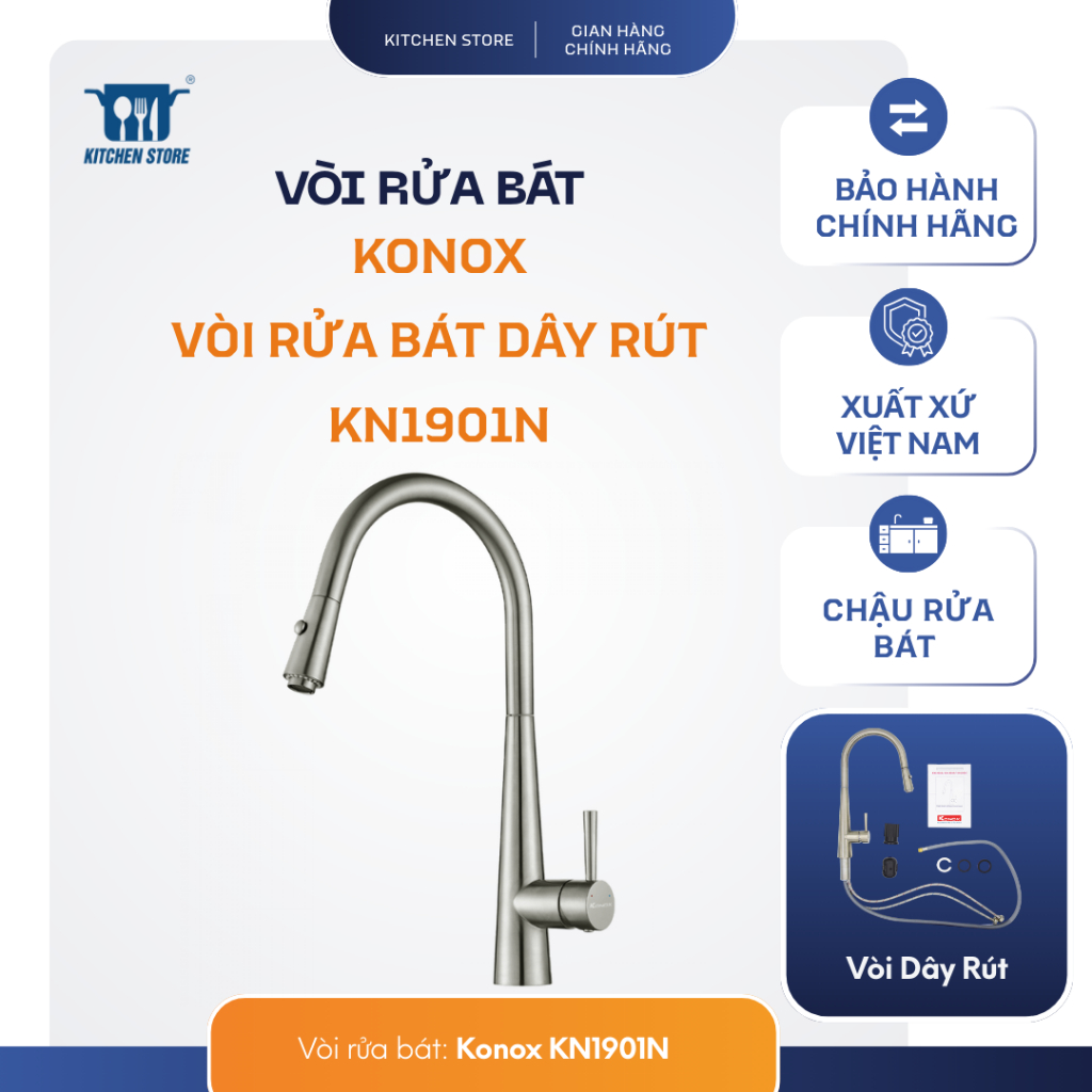 Vòi Rửa Bát Dây Rút KN1901N – Nóng Lạnh, Xoay 360°, 2 Chế Độ Xả, Mạ Nickel, Kitchen Store Hàng Chính