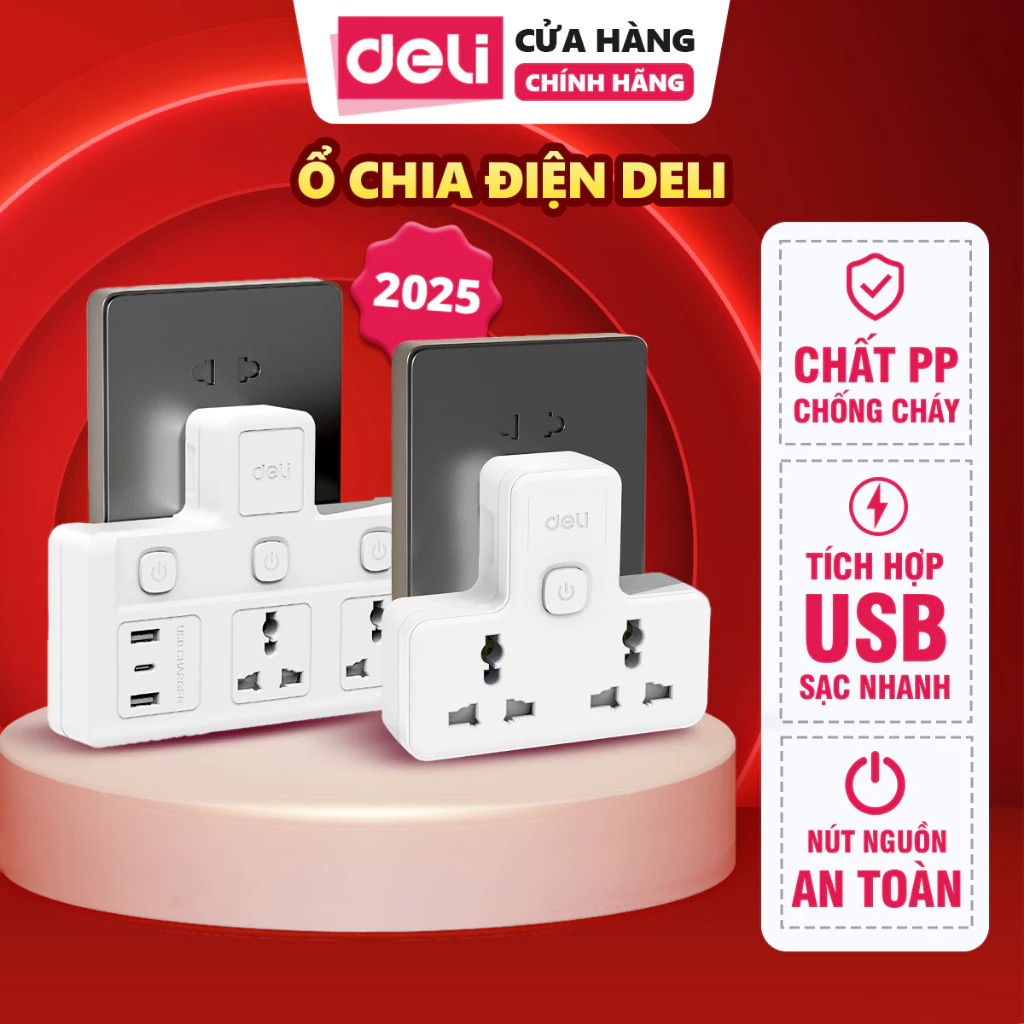 Ổ Cắm Điện Deli Chữ T 2500W – Có Cổng USB & Type-C PD20W Sạc Nhanh, Đa Dụng Cho Mọi Thiết Bị