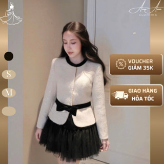  Ann Ann Clothing- Set Bộ Áo Dạ Tweed Kim Tuyến Viền Cổ Phối Đai Nơ Đen Mix Chân Váy Lưới Tơ Xoè Tầng. Set dạ nữ mùa đông 