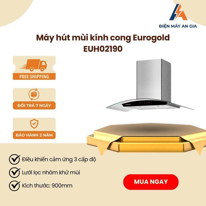 Máy Hút Mùi Áp Tường Kính Cong Eurogold EUH02190 – 90cm – Khử Mùi Bằng Than Hoạt Tính – PEB