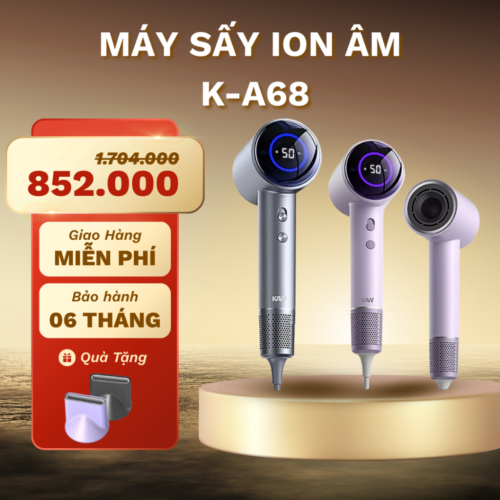 Máy Sấy Tóc Ion Âm Cao Cấp KAW Hypersonic 1600W, 2 Chiều Sấy Nóng Lạnh, Màn Hình Hiển Thị Nhiệt Độ