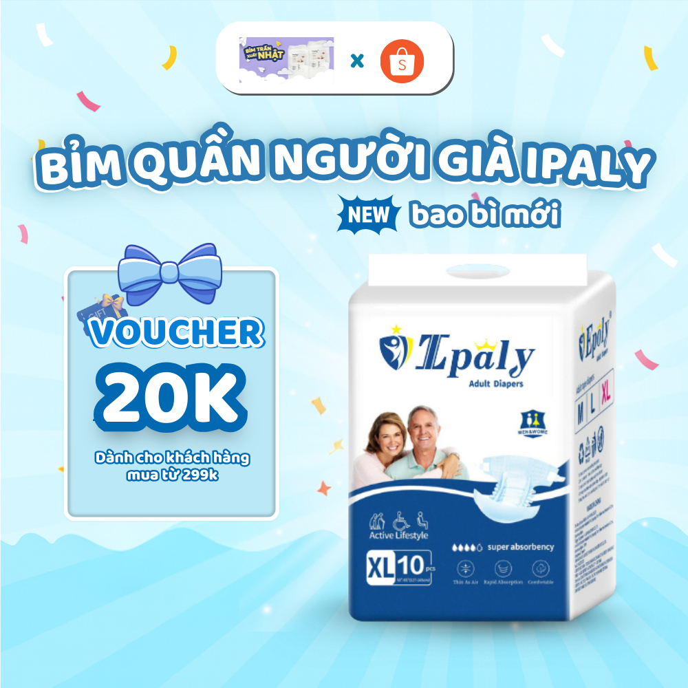 Bỉm quần người già cao cấp Ipaly (bao bì mới) size từ 40 - 85kg không kích ứng, chống tràn hiệu quả