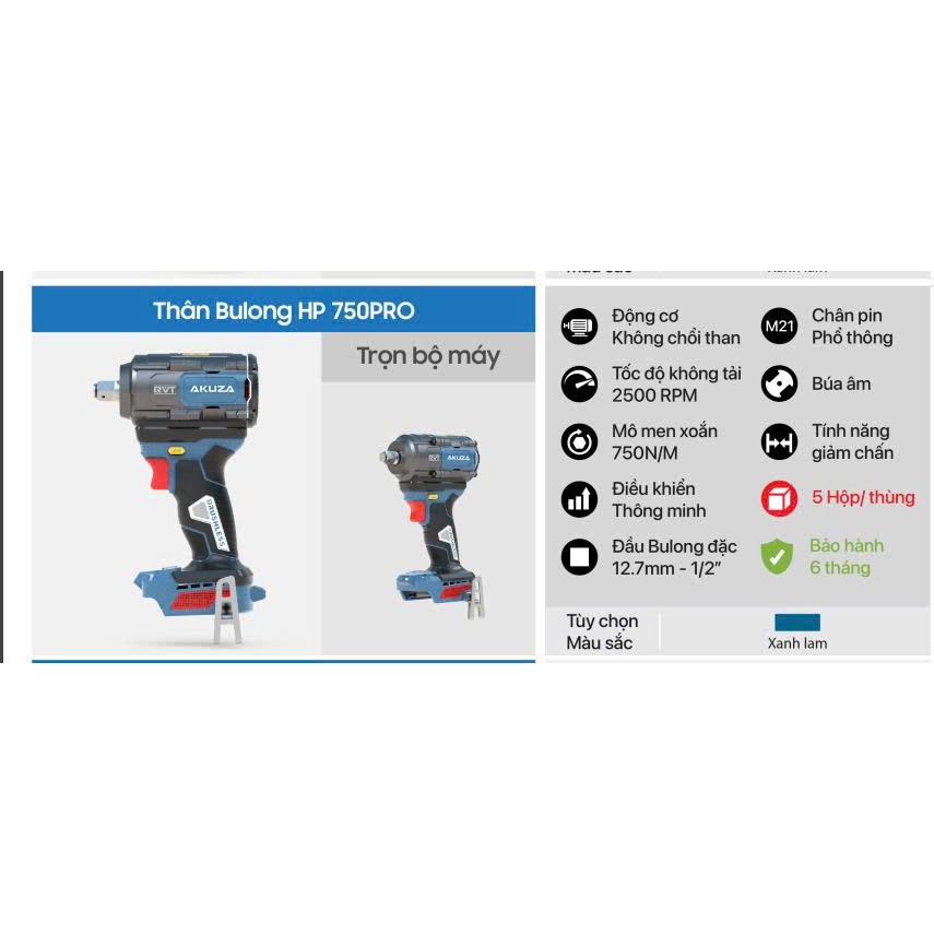 Thân Máy Siết Bulong Akuza HP 750 Đầu 1/2 Đặc Không Chổi Than Lực Siết 750N Chân Pin Phổ Thông Bảo H