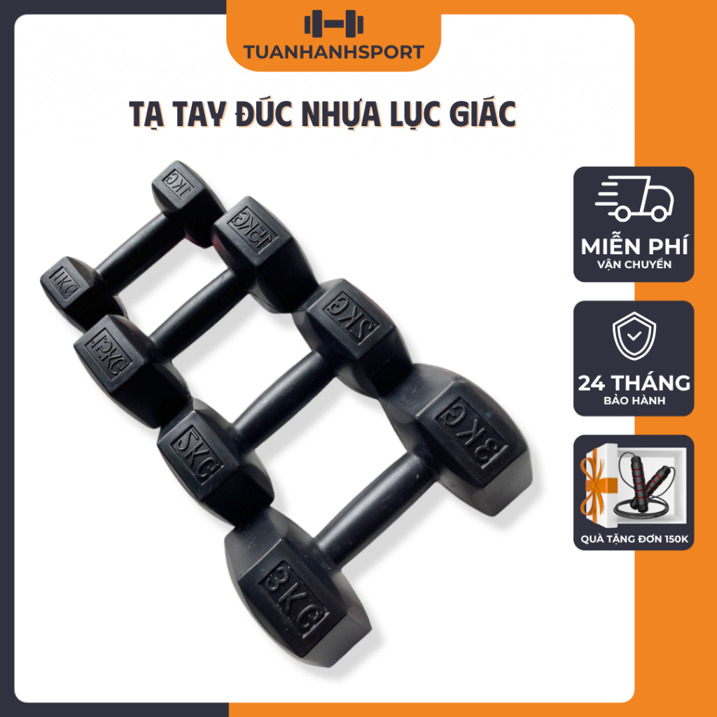 Tạ Tay Lục Giác Nhựa Đúc TUẤN HẠNH SPORT – Chống Trượt, Lõi Xi Măng Bền Chắc – Đủ Size 1–10kg