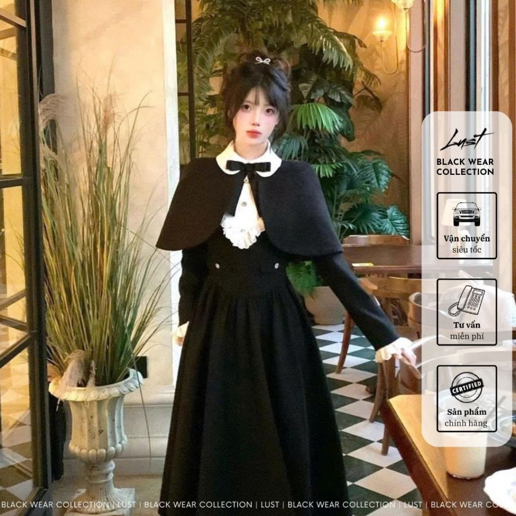 Set đầm nữ tiểu thư phối cổ bèo dài tay phối áo khoác cổ điển LUST Set đồ nữ tiểu thư dáng dài T318