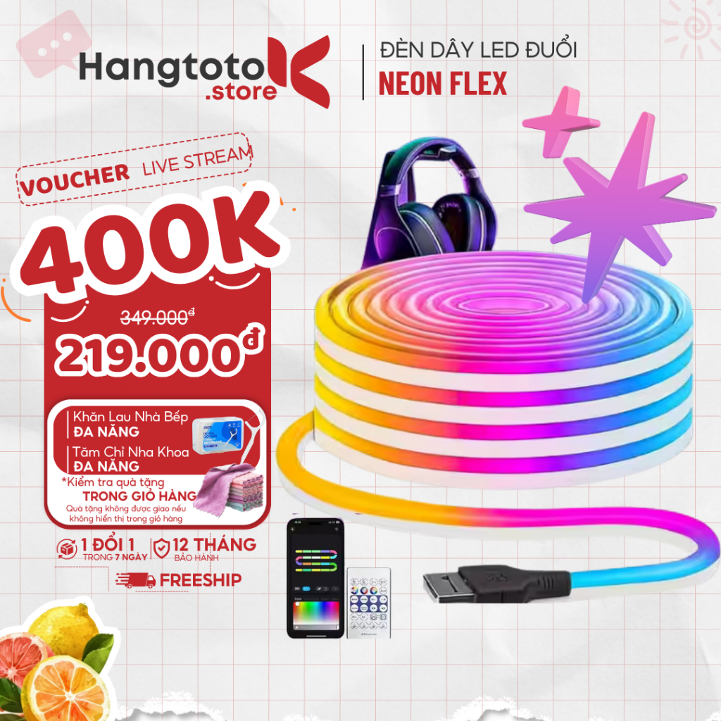 Dây Đèn Neon Flex 5m 16 Triệu Màu, Điều Khiển App/Bluetooth/Nháy Theo Nhạc, Chống Nước IP65 Trang Trí Phòng Gaming/Tết