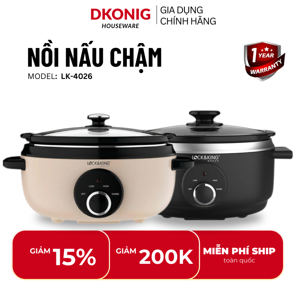 Nồi nấu chậm Lock&King LK-4026 dung tích 4L lòng gốm Ceramic chống dính kho cá, nấu cháo hầm xương