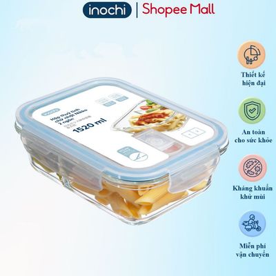 Hộp thủy tinh chữ nhật 2 ngăn 1520ml, đựng cơm văn phòng, dùng được lò vi sóng, an toàn thực phẩm.