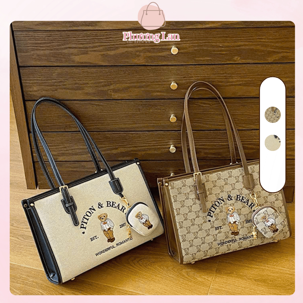 Túi xách đứng gấu siêu hot GIN BAG, túi tote đeo vai canvas tặng kèm ví nhỏ xinh Túi xách Phương Lan