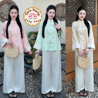  Bộ đồ đi chùa lụa gấm tô châu cổ tàu cúc ngọc Pháp phục đi chùa dài tay phối gấm Đồ bộ đi lễ cách tân gấm sang trọng 