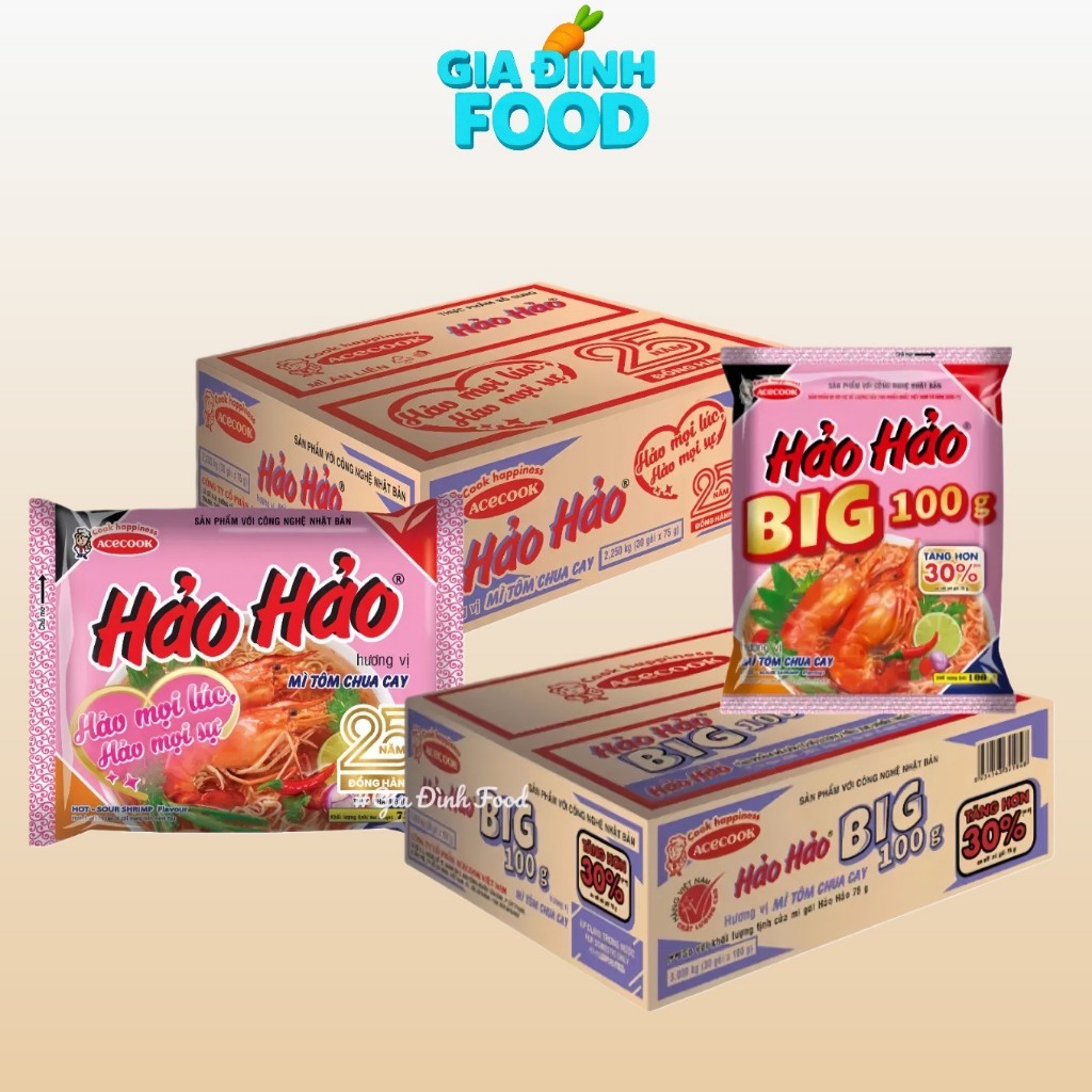 Thùng x30 Gói Mì Hảo Hảo Tôm Chua Cay 75g/ Hảo Hảo Big Gói 100g
