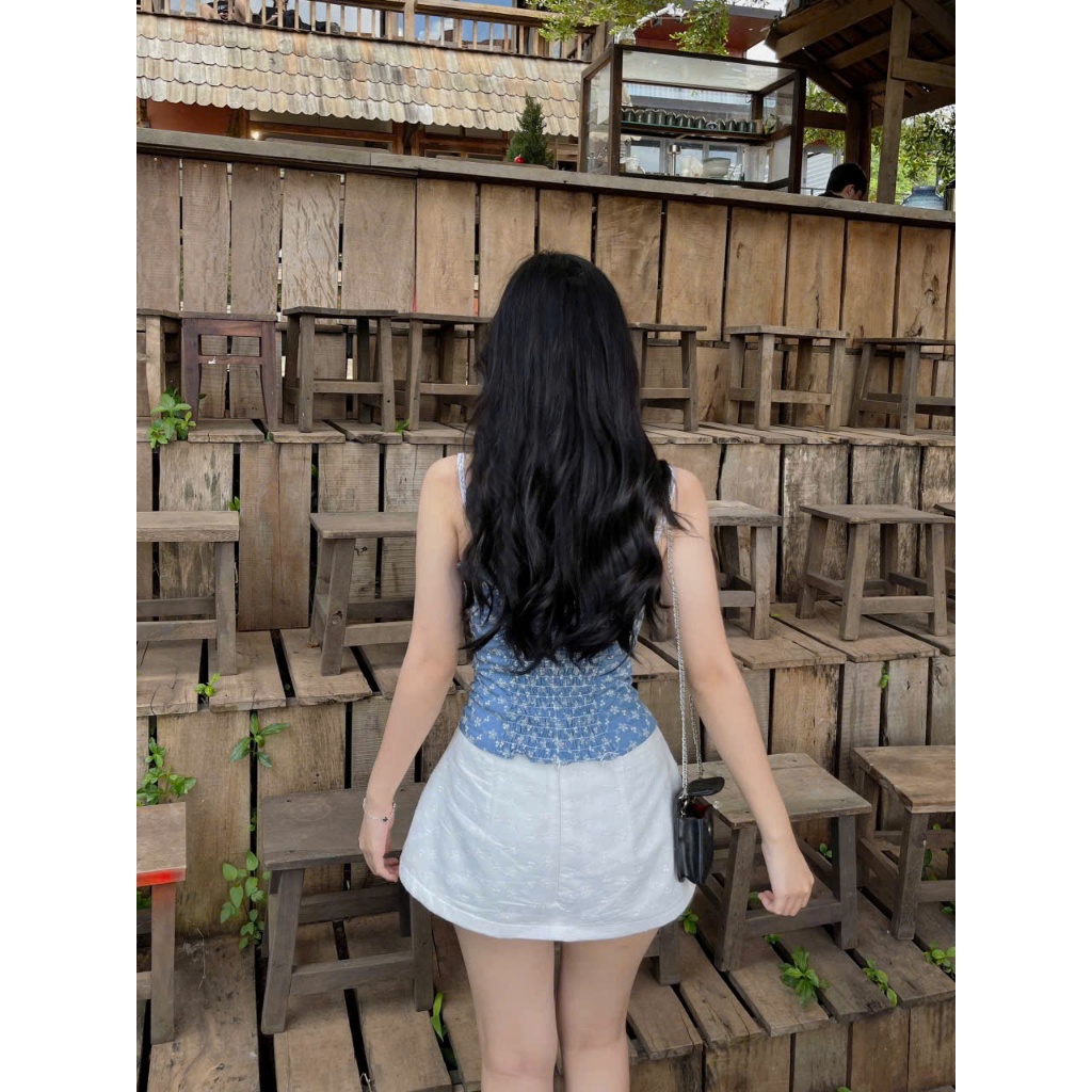 Áo corset Xanh denim phối hoa nhí thêu, có 4 xương ôm eo, có mút ngực và dây kéo | BigBuy360 - bigbuy360.vn
