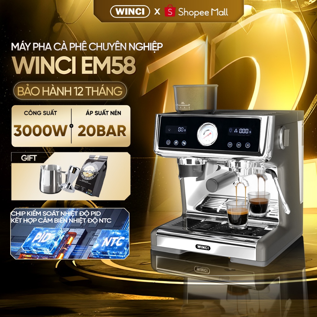 Máy Pha Cà Phê Tự Động Winci EM58, 20 Bar, Pha Espresso, Latte, Capuchino. Bảo Hành 1 Năm.