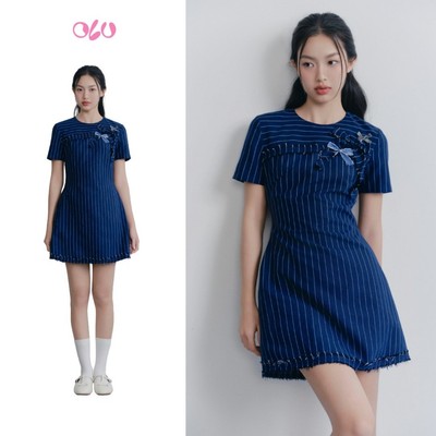 Đầm OLV sọc đính nơ thêu thanh lịch Navy Cotton Striped Embro Dress phù hợp mọi dịp