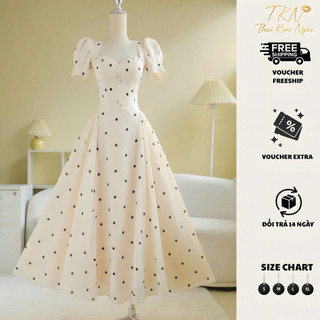  Đầm dự tiệc maxi cổ tim tay phồng chấm bi tiểu thư thanh lịch đi tiệc đi chơi BEVERLY DRESS 