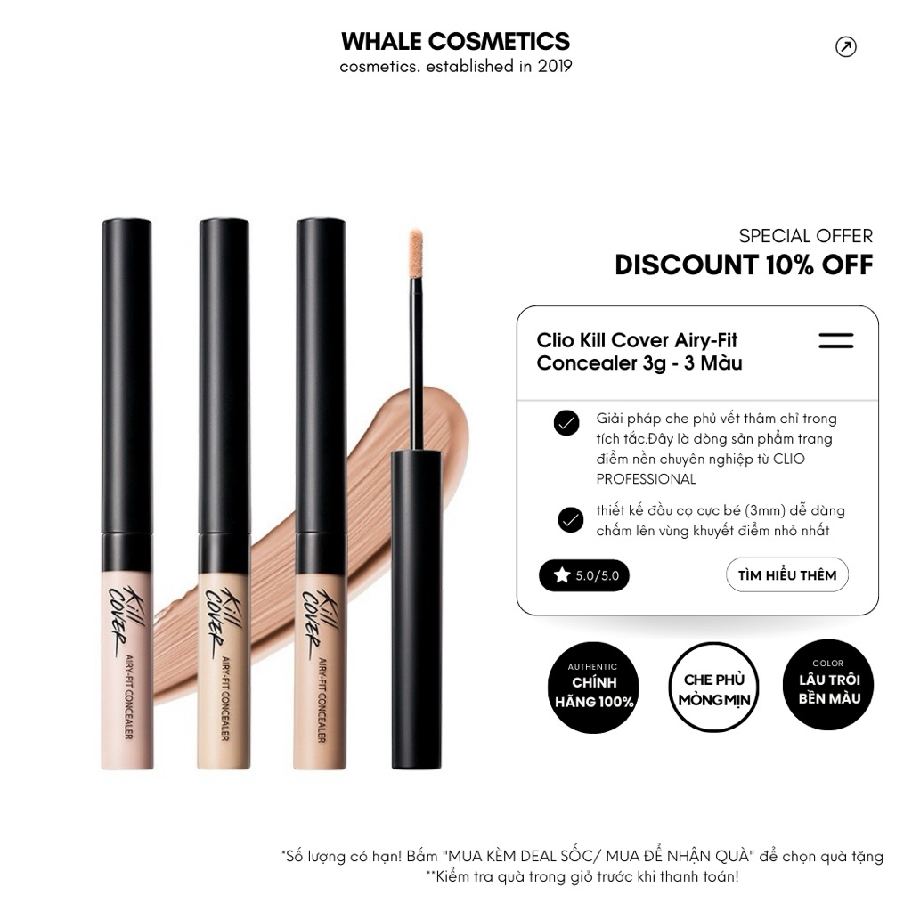 (Clio Airy-Fit) Che khuyết điểm Clio Kill Cover Airy-Fit Concealer 3g