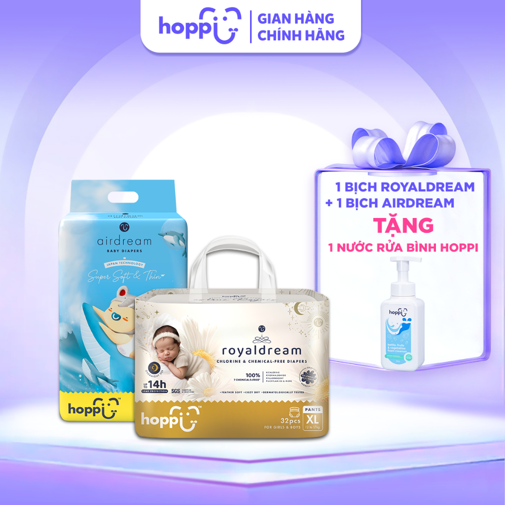 [ DEAL HỜI ] Gồm 1 bịch tã - bỉm Hoppi Royaldream và 1 bịch tã - bỉm Hoppi Airdream cho bé
