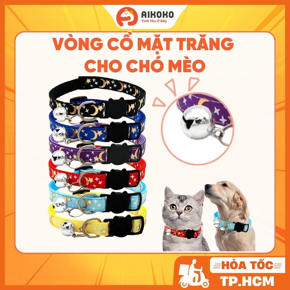 Vòng Cổ Cho Có Mèo Có Chuông - Họa Tiết Mặt Trăng Dễ Thương - Chất Liệu Mềm Mại, An Toàn - Aikoko