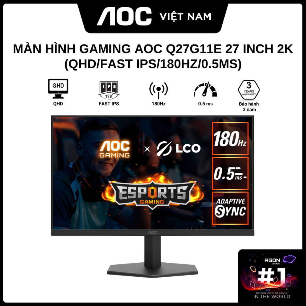 Màn hình Gaming AOC Q27G11E 27 inch 2K (QHD/Fast IPS/180Hz/0.5ms) - Hàng Chính Hãng