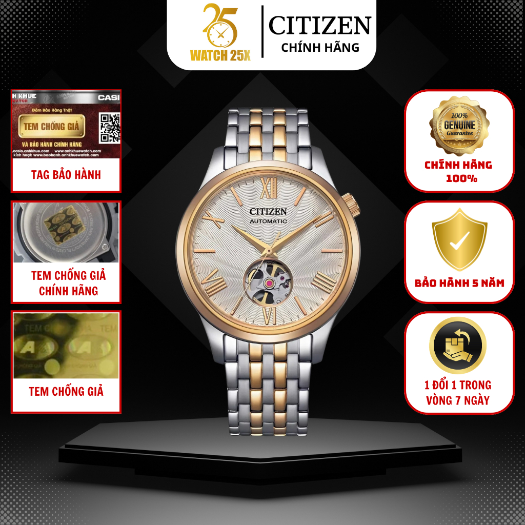 Đồng Hồ Citizen 40mm Nam NH9136-88A Watch25x Demi Vàng Hồng Máy Cơ Bền Bỉ Thép 316L