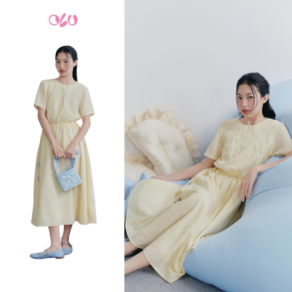 Đầm suông thêu dáng dài eo có dây rút Butter Striped Midi Embro Dress phù hợp mọi dịp OLV