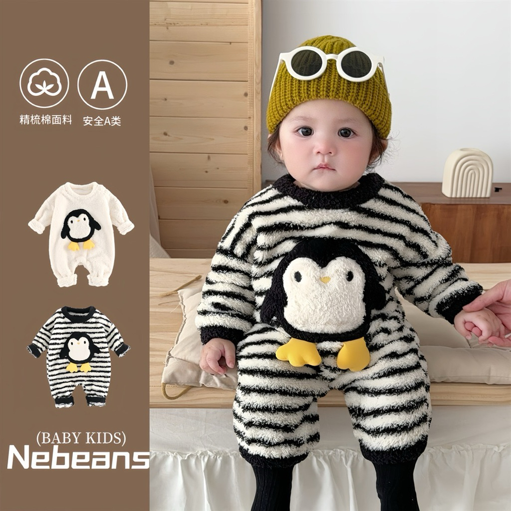 Romper Lông Mềm Cho Bé Họa Tiết Chim Cánh Cụt | Bodysuit Giữ Ấm Mùa Đông Siêu Xinh Cho Bé Trai Bé Gá