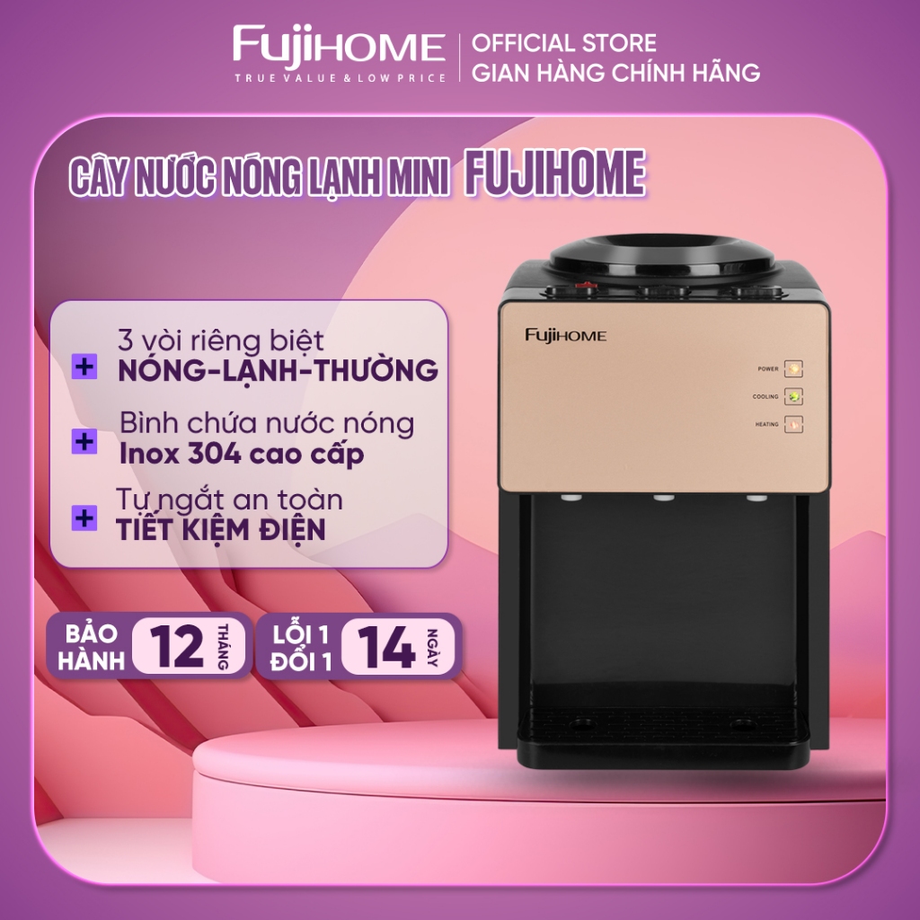 Cây nước nóng lạnh mini để bàn Fujihome nhập khẩu, bình lọc nước 2 vòi tự ngắt an toàn tiết kiệm điện