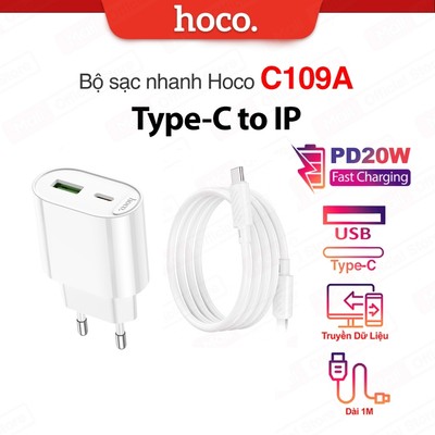 Bộ sạc nhanh Hoco C109A PD20W Type-C dùng cho ip11/12/13/14 gồm 2 cổng sạc USB và Type-C, dài 1m,chân tròn