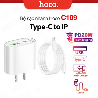 Bộ sạc nhanh Typec to IP PD20W Hoco C109 dùng cho ip14 trở xuống, củ sạc gồm 2 cổng sạc USB và Type-C, dài 1m,chân dẹt