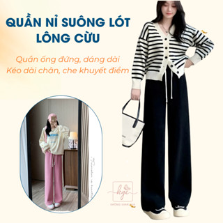  Quần nhung tăm lót lông siêu ấm mịn ống rộng dáng suông cạp chun lưng cao dễ phối đồ QGN506 