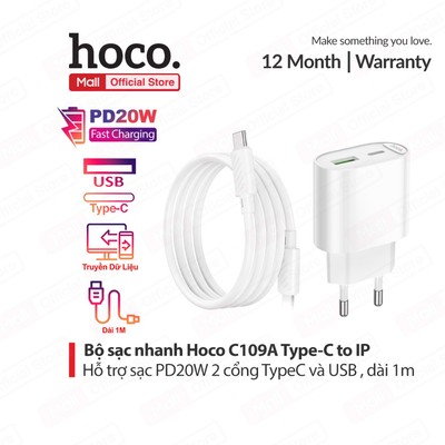 Bộ sạc nhanh PD20W Type-C dùng cho ip11/12/13/14 Hoco C109A gồm 2 cổng sạc USB và Type-C, dài 1m,chân tròn
