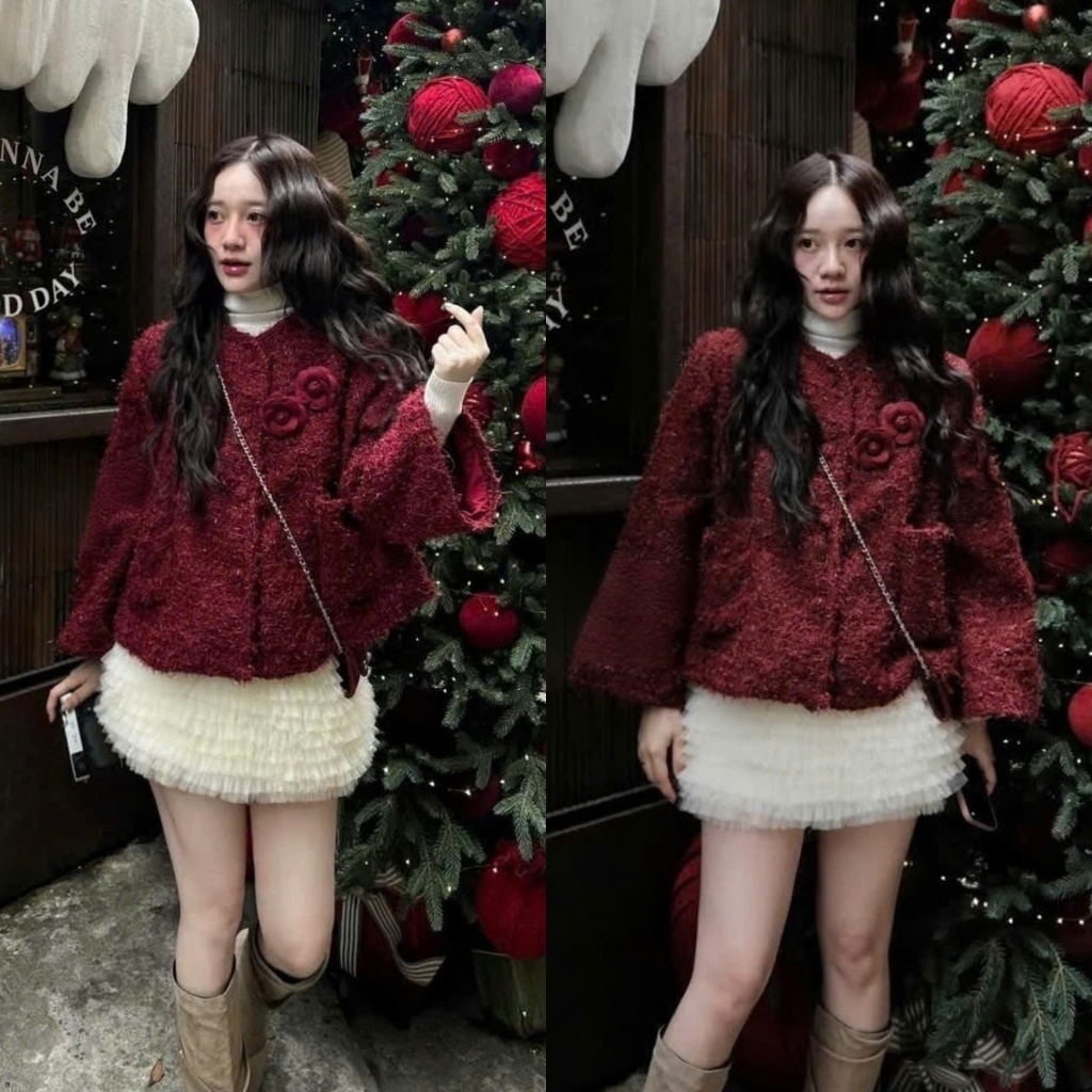 (Đính 2 Hoa): Áo Khoác Dạ Đỏ Nhũ Ánh Kim Có Đệm Vai Tay Rộng Siêu Sang Chảnh Nổi Bật Chất Dạ Xù Dày 