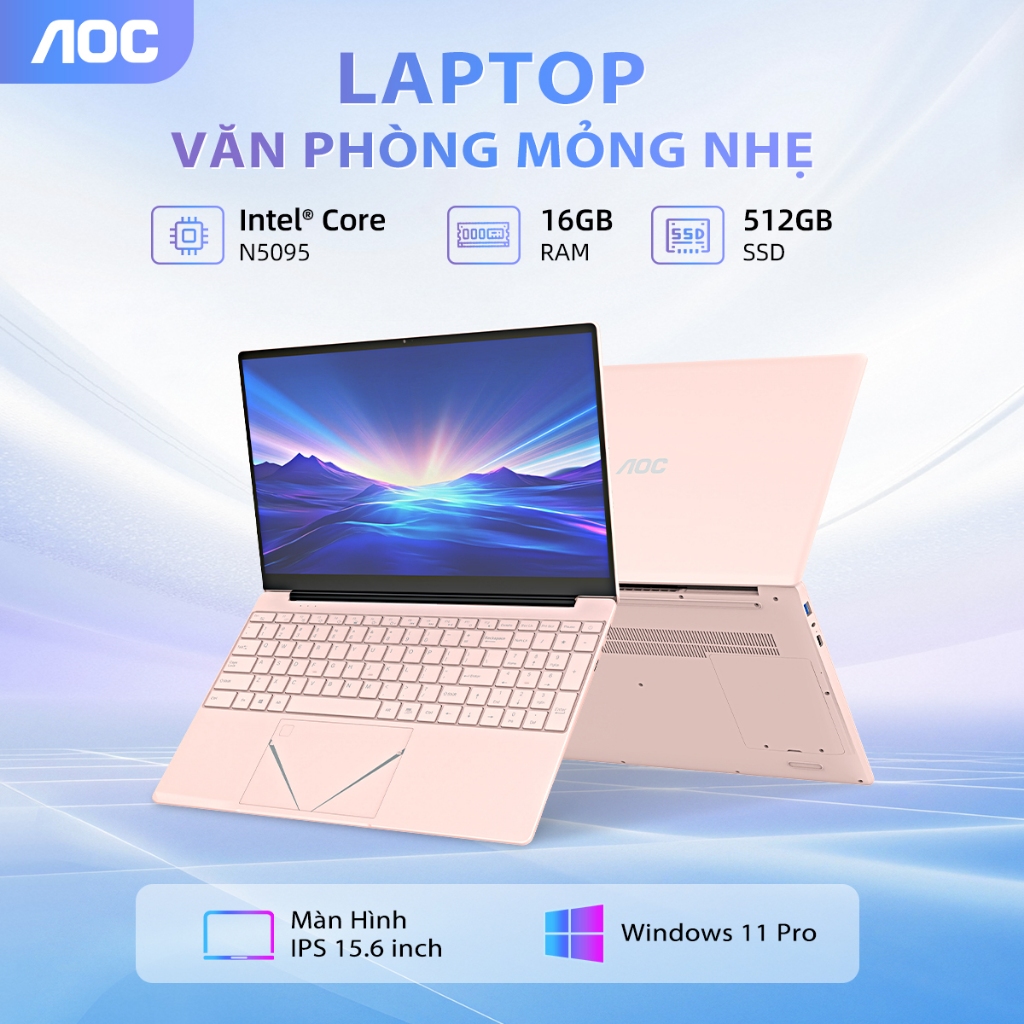 Laptop Màu Hồng AOC NoteBook giá rẻ 15.6 inch, Intel N5095, Ram 16GB, SSD 512GB, Win 11 - Bảo hành 1
