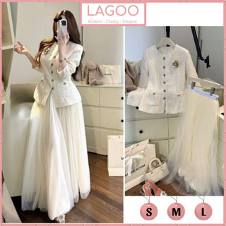  Set áo dạ tweed Lucie trắng phối chân váy voan dài sang trọng phong cách tiểu thư Hàn Quốc Lagoo Designs 