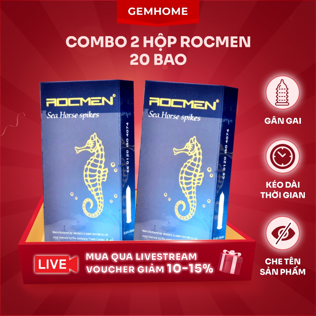 Bao Cao Su Rocmen Cá Ngựa Xanh Gân Gai giúp lâu hơn 2 hộp lớn (20bao) -GEMHOME