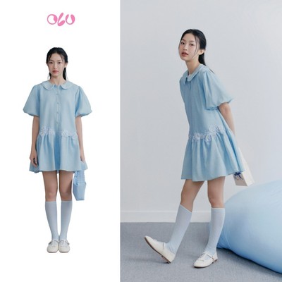 Đầm OLV suông cổ sen thêu hoa nữ tính trẻ trung Blue Embro Mini Dress phù hợp mọi dịp