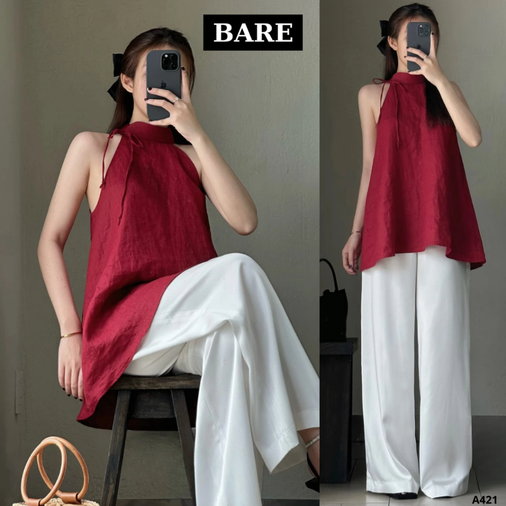 BARE_Áo Cổ Yếm Cột Nơ & Quần Lụa, Áo Yếm Linen Dáng Xoè Nhẹ Nàng Nữ Tính Mặc Dịp Tết - Hè_A421,A902 | BigBuy360 - bigbuy360.vn