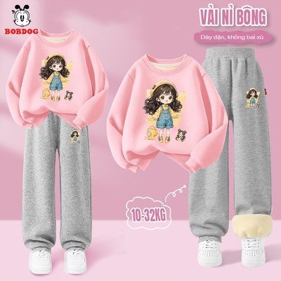 Bộ dài tay bé gái BOBDOG chất liệu nỉ bông ấm áp in hình cô gái cute cho bé RU-KS10