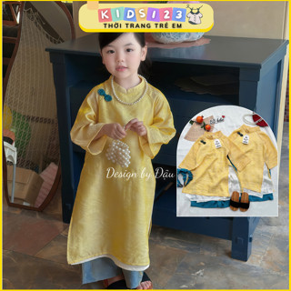   4 chi tiết  Set áo dài tone Vàng xanh 2 lớp tơ ánh kim kèm quần lụa+bờm+vòng ngọc bé gái chụp ảnh đi lễ mặc tết K31 