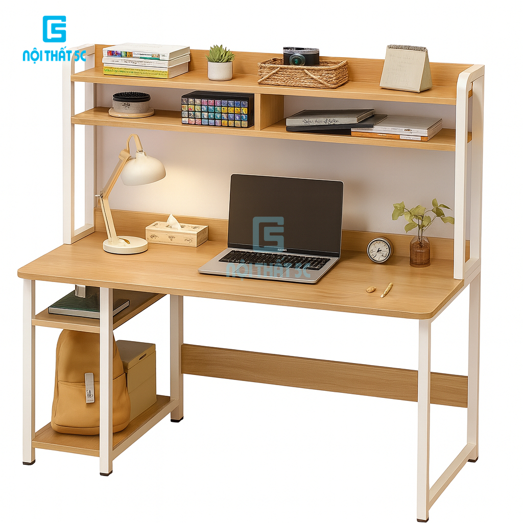 Bàn Làm Việc, Bàn Học Nội Thất 5C BH-073 Kèm Giá Sách, Khung Sắt Sơn Tĩnh Điện Chắc Chắn, Mặt Gỗ MDF Dày 15mm