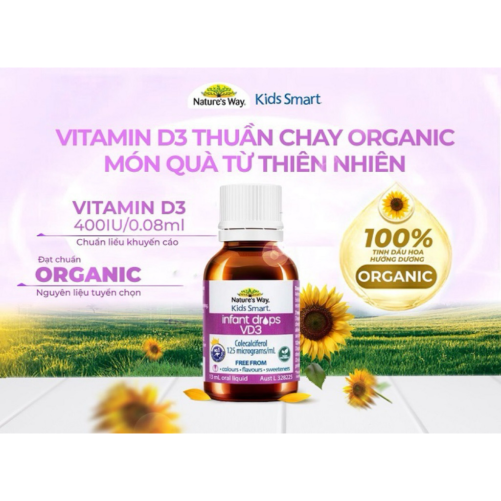Vitamin D3 thuần organic Nature way bổ sung vitamin D3 giúp hấp thụ canxi, hỗ trợ xương răng phát tr