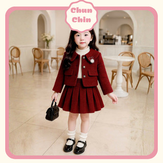  S287 Chun Chin | Set Dạ Đỏ Áo Khoác Cổ Tròn Đính Thỏ Chân Váy Xếp Ly To Cho Bé Gái 8-24kg 